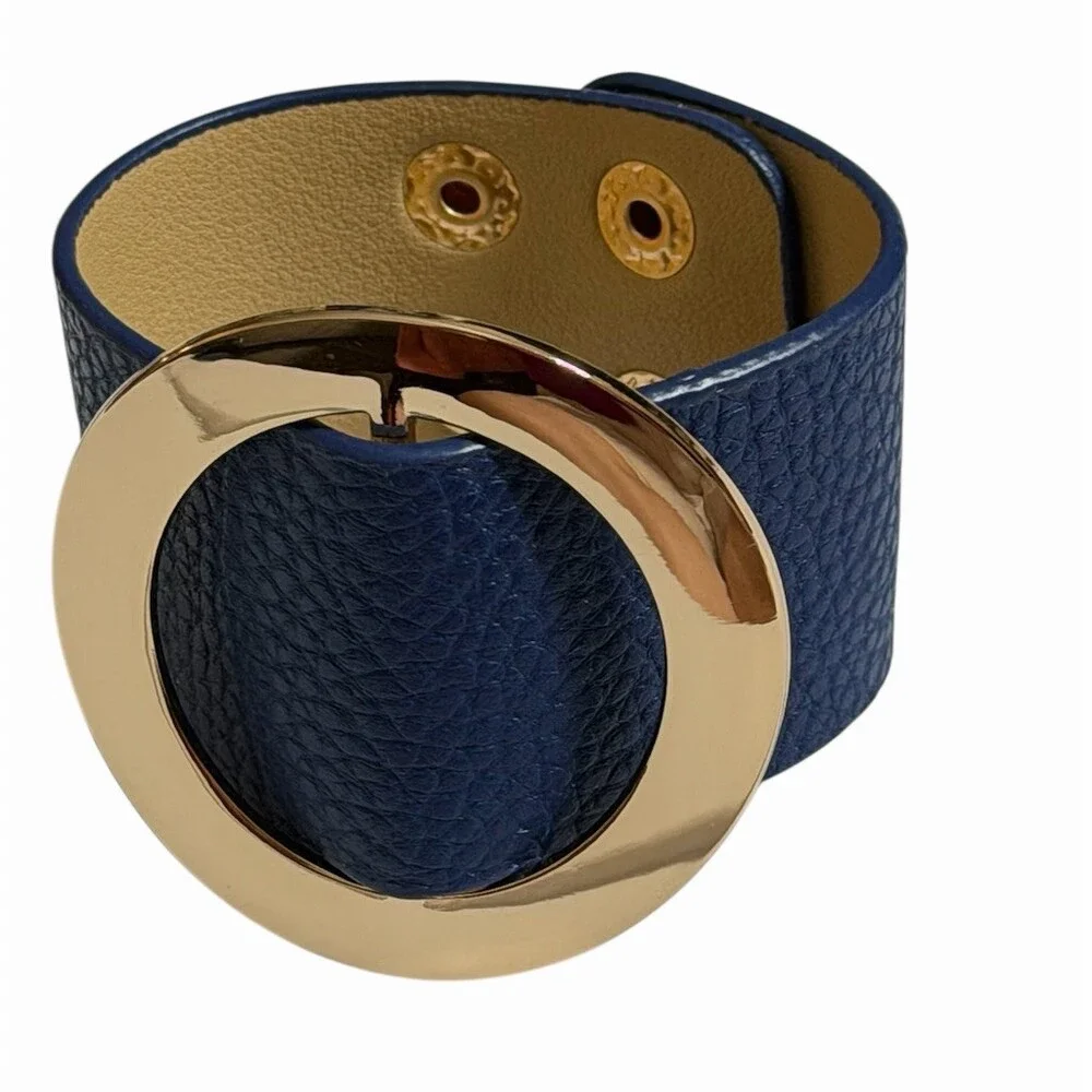 Bracelet Blue Wide Textured Cuff Gold Tone Circle Buckle Snap